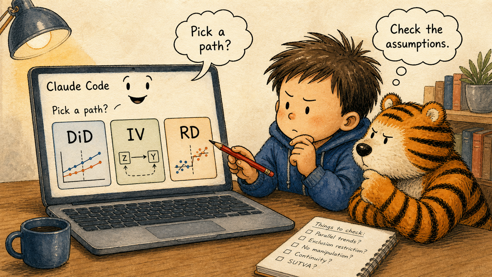 Claude Code asks a researcher to choose among causal inference paths while the researcher checks assumptions.