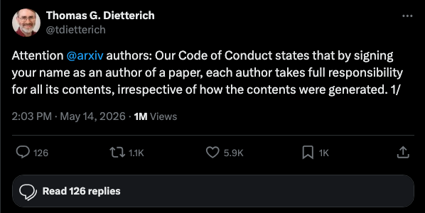 Thomas Dietterich tweet on arXiv AI slop policy