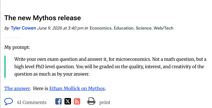 Tyler Cowen's Marginal Revolution post proposing a microeconomic theory test for Mythos/Fable.