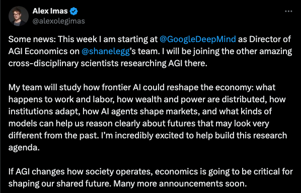 Alex Imas tweet announcing Google DeepMind role