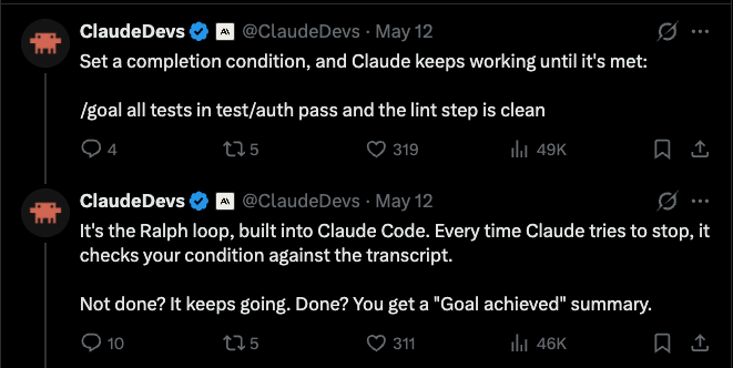 ClaudeDevs tweets announcing /goal in Claude Code