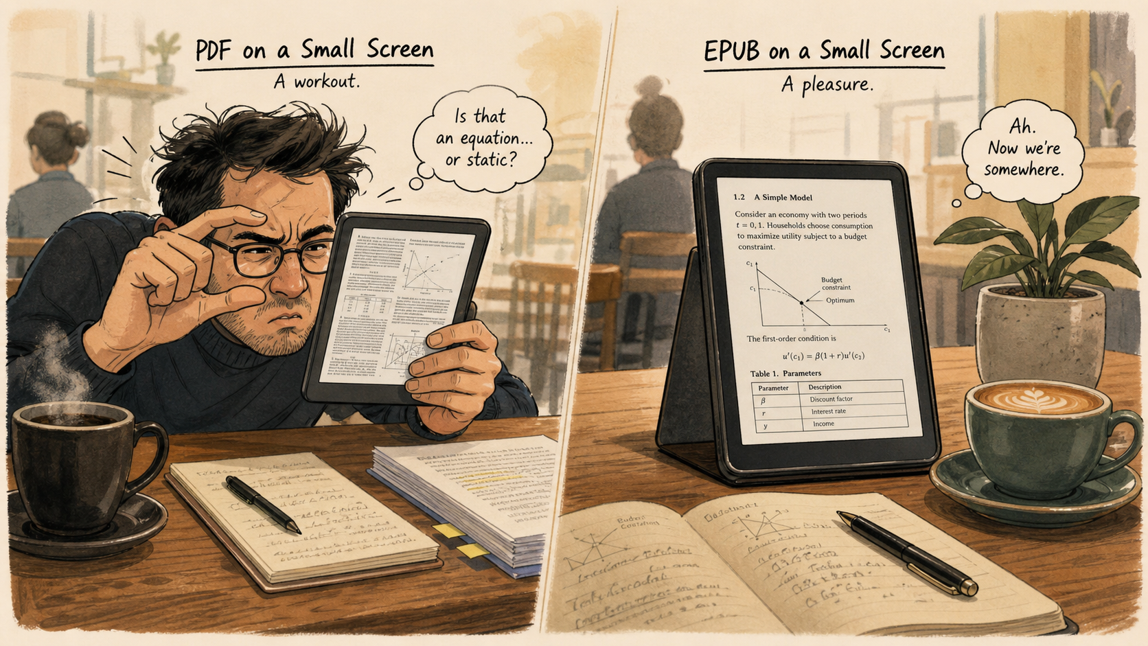 A funny comparison of reading PDFs versus EPUBs on a small e-reader