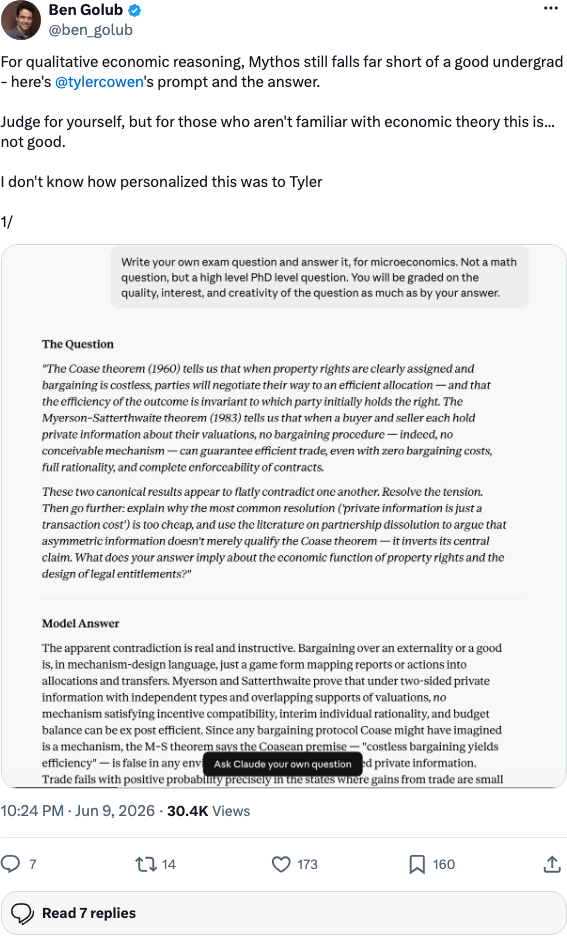 Ben Golub's X post evaluating the model's qualitative economic reasoning.