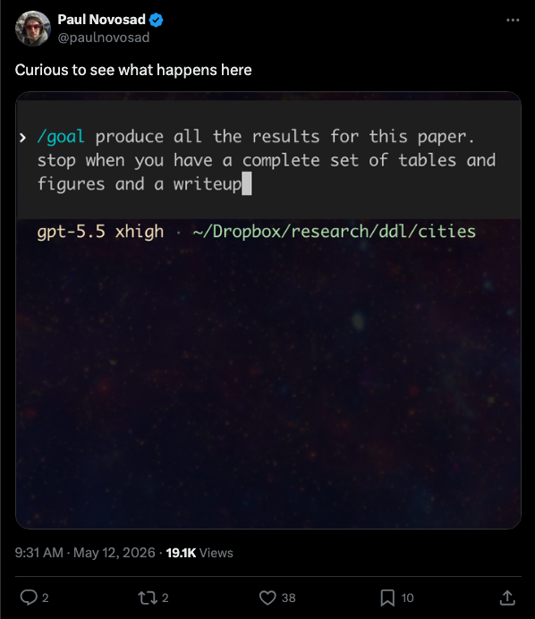 Paul Novosad tweet showing /goal in a paper workflow
