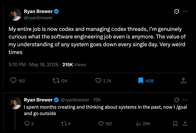 Ryan Brewer tweets about Codex and /goal