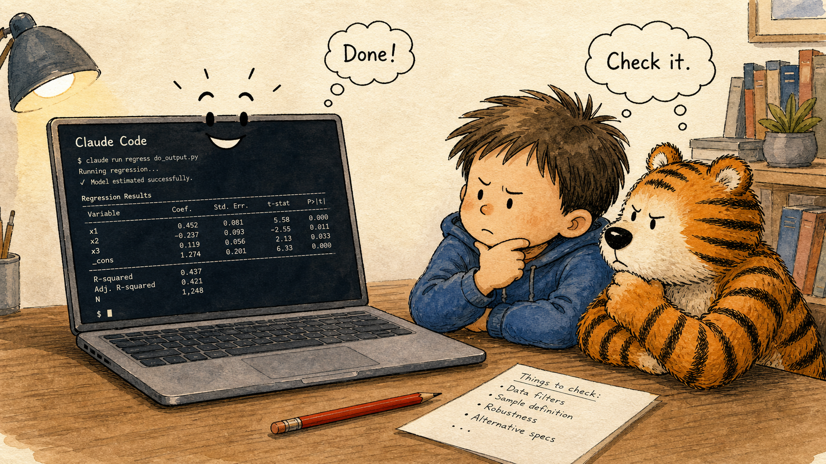 A skeptical researcher and advisor double-check a Claude Code output.