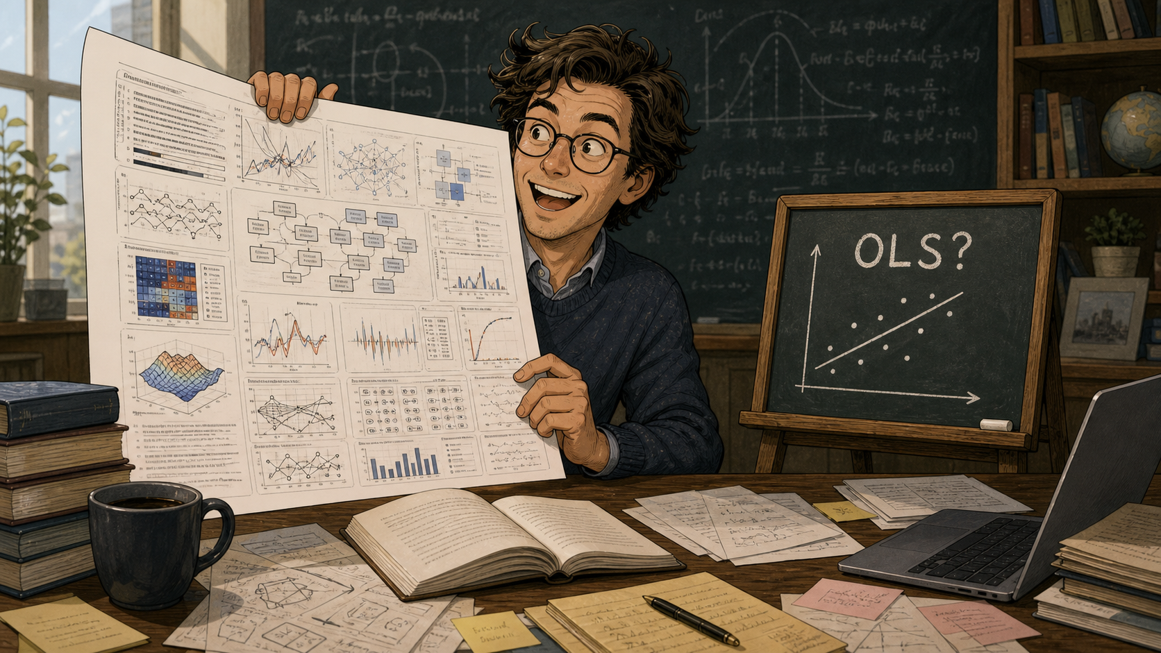 A student holds an advanced AI-generated research output while a small chalkboard asks OLS?