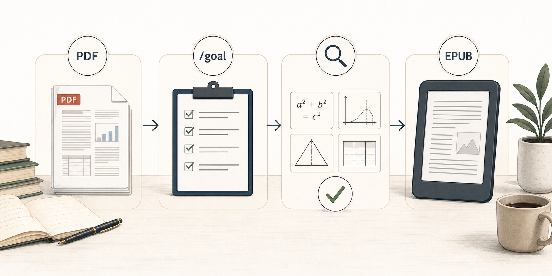 A workflow showing a PDF moving through a /goal validation process into an EPUB
