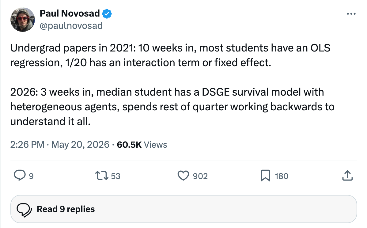 Paul Novosad joking about students generating advanced models before understanding them